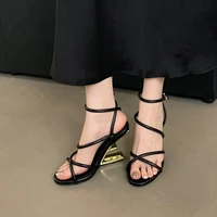 Aneikeh Summer Fashion Fretwork Heels Cross Striped Color Blocked High-heeled Sandals Women Ankle Buckle Strap Gladiator Shoes - Image 4