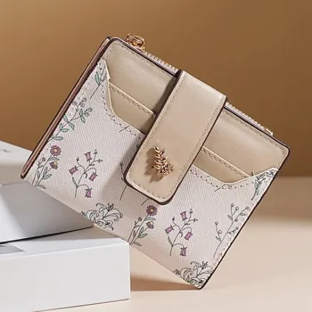 Borsa da donna in pelle PU con chiusura a fermaglio, motivo a piccoli fiori, porta carte, portafoglio multi-carte, portafoglio corto compatto per denaro contante, per ragazze e signore
