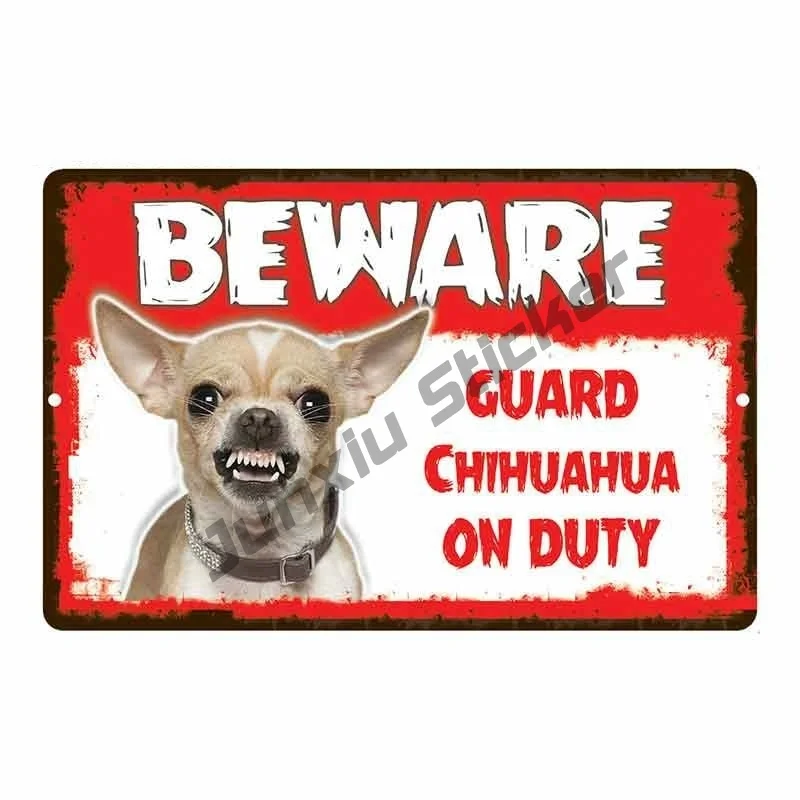 

Car Sticker Cartoon Animals Beware Guard Chihuahua Dog On Duty Graffiti Novelty Aluminum Metal Sign Car Stickers Styling Decor