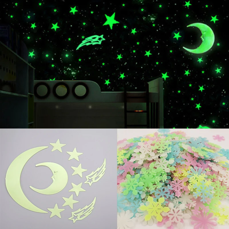 Luminous Wall Stickers 3D Wall Stickers 3D Star and Moon Energy Storage Fluorescent Glow In the dark Luminous on Wall Stickers for Kids Room living room Decal