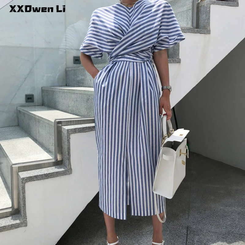 Summer Cotton Striped Pocket Split Long Dress For Woman Casual Office Lady  Dresses Fashion Women's Clothing Robe Femme - AliExpress 200000345