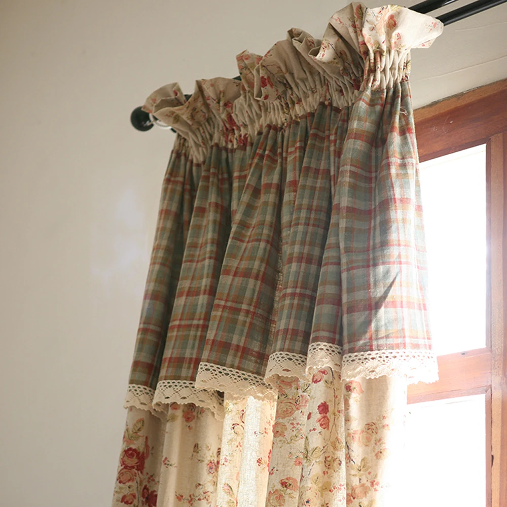 Cortinas opacas pastorales para sala de estar, 100% algodón de lino, Rosa Rural francesa, cortinas de ventana de encaje con cenefa, altura de 350