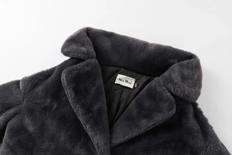 Winter Faux Rabbit Fur Coat Women Brand Designer Thick Warm Outerwear Jacket Fur Collar Classic Dark Gray Overcoat