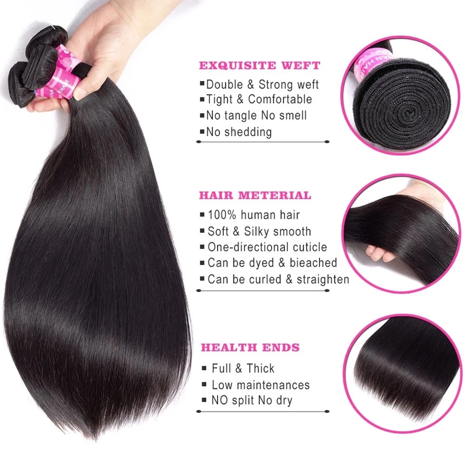 Human Hair Bundles Brazilian Raw Straight Hair Bundles 3 Pieces 16-30 Inch Remy Extensions For Women