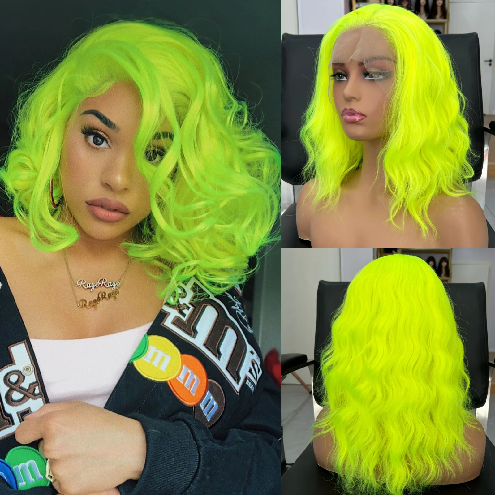 Synthetic Bob Wig Wavy Curly Shoulder Length Cosplay Party Wear Adjustable Amyqueen Green Bob Wig for Women - Short Curly Wavy Shoulder  main image 4