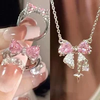 Luxury Fairy Pink Bow Shape Pendant Necklace Rings Set for Women Y2k Clavicle Chain Birthday Party Anniversary Gift Jewelry 1