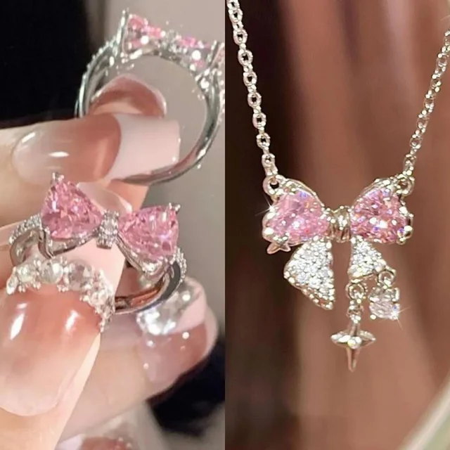 Luxury Fairy Pink Bow Shape Pendant Necklace Rings Set for Women Y2k Clavicle Chain Birthday Party Anniversary Gift Jewelry 1