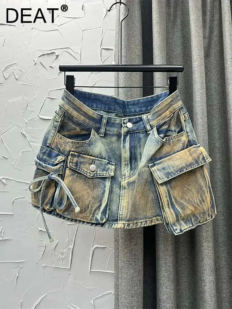 DEAT Women's Denim Skirts Multiple Pockets Patchwork Washed Lace-up Cargo A-line Mini Skirt 2026 Summer New Fashion 29L3411