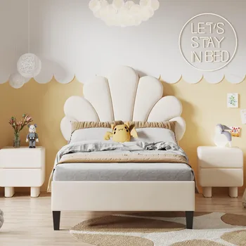 Flower-shaped Headboard Single Bed 90x200cm, Bed Frame with Slatted Frame Children Teen Girl Bed in Skin-Friendly Velvet Fabric