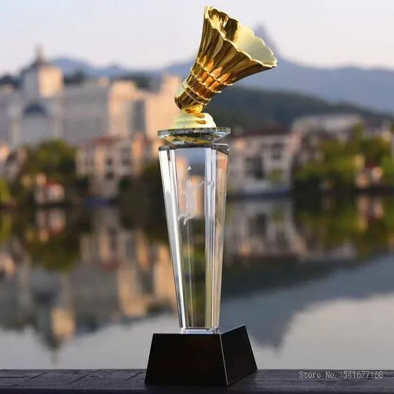 Customized Crystal Trophy for Sports Competition Creative Metal, Gold, Silver, Copper Badminton, High-end Award, Home Decor, 1Pc