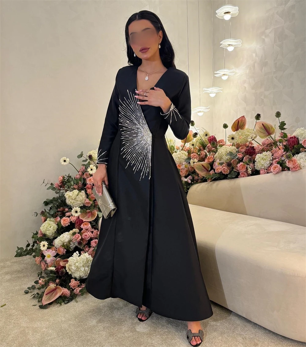 Prom Dress Saudi Arabia Satin Beading Prom A-line V-neck Bespoke Occasion Dress Anke Length цена и фото