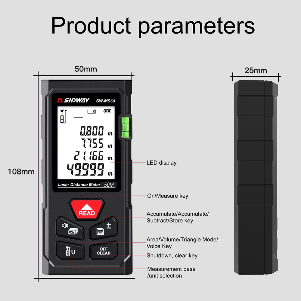 Laser Distance Meter 50M 70M 100M SNDWAY Rangefinder Digital Laser Tape Measure Range Finder Self Calibration Tool