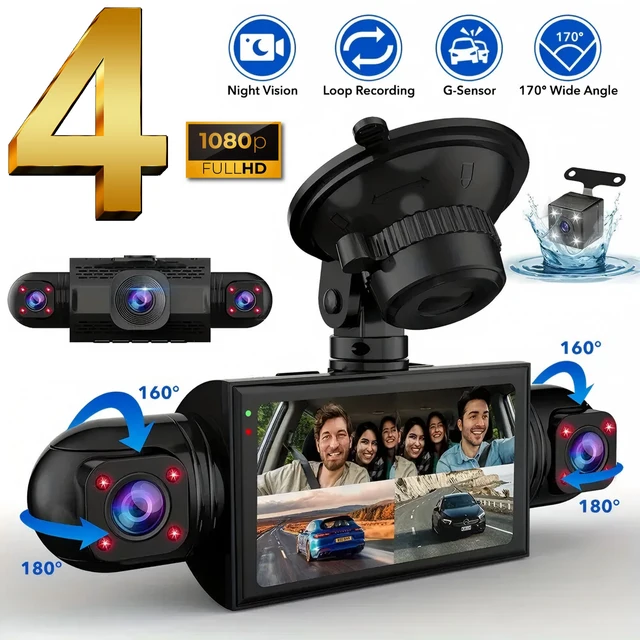 Caméra de tableau de bord de voiture 4 canaux boîte noire caméra de conduite FHD 1080P avant gauche droite arrière Vision nocturne enregistrement en boucle ajouter kit de fil dur 1