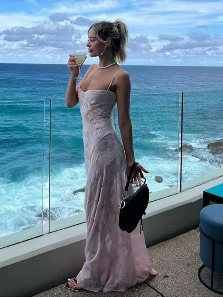 2025 Summer New Dresses For Women Spaghetti Strap Lace Hollow Out Low Cut Sexy A-lin Long Dress Beach Vacation Fashion Vestidos