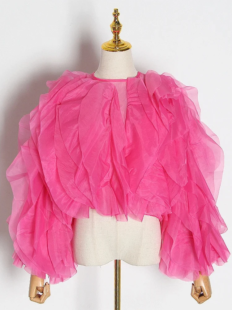 Twotwinstyle Vintage Patchwork Ruffle Shirt For Women O Neck