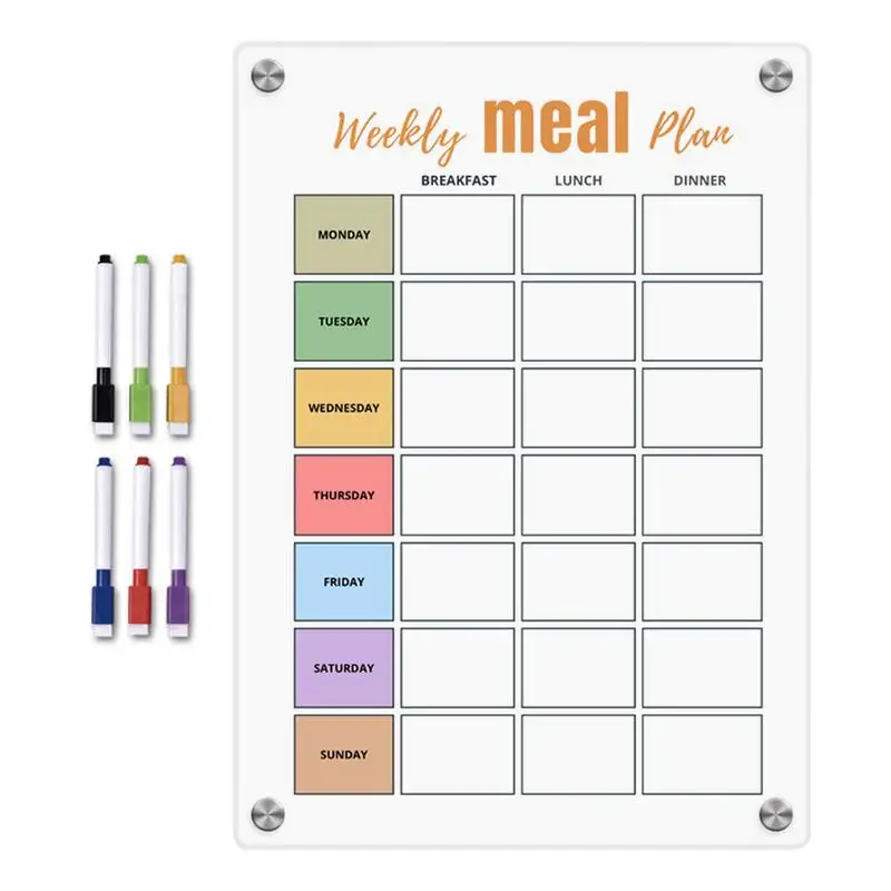

Meal Planner Magnetic Acrylic White Weekly Meal Prep Planner Transparent menu note board with 6 Erasable Colorful Pen for Fridge