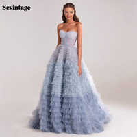 Sevintage Blue Prom Dresses Tiered Ruffles Tulle  Pleat Ruched A-Line Backless Saudi Arabic Women Party Evening Gowns 2022
