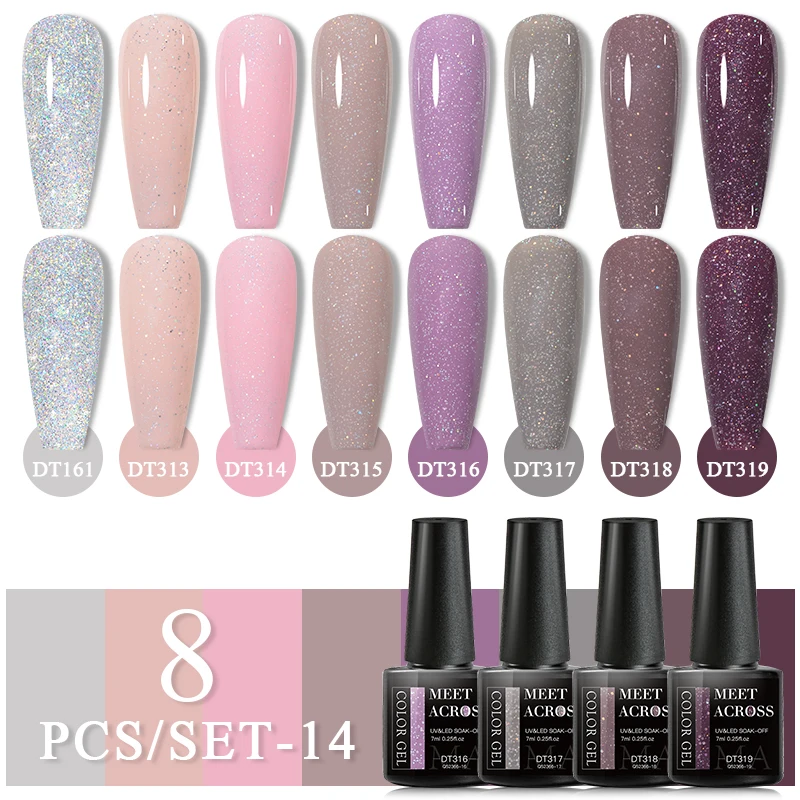 MEET 어크로스 글리터 젤 네일 광택제, 반영구 흡수 UV 젤 키트, 네일 래커, 네일 아트 바니시, 가을 겨울, 6 개, 8 개 세트