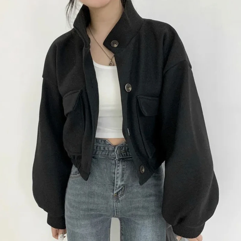 Crop Blends Women Wool Coat Casual Loose Gentle Pockets Simple Autumn Winter Streetwear Office Lady Fashion Cozy Пальто Женское - 2