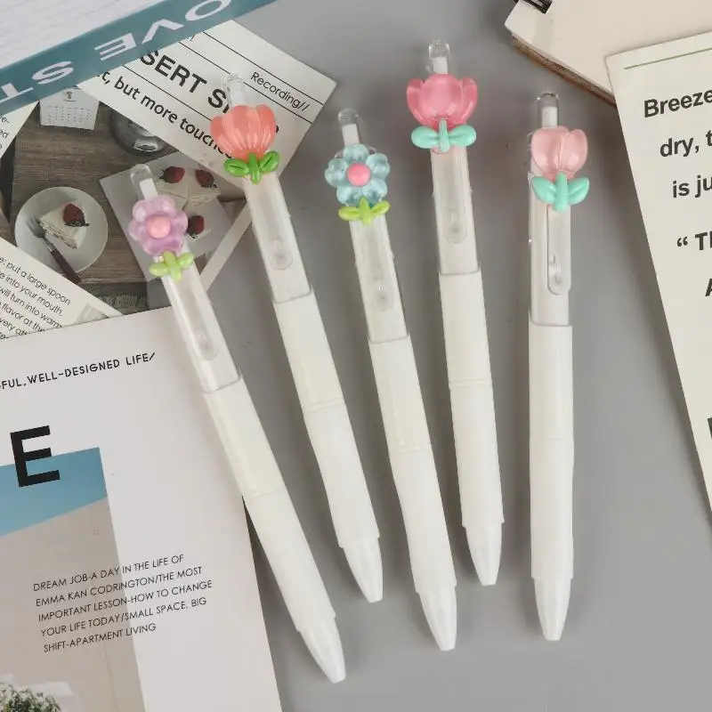 뜨거운 판매 5/10Pcs 귀여운 달콤한 튤립 꽃 젤 펜 빠른 건조 볼펜 0.5mm 검정 잉크 펜 사무실 학교 문구 용품