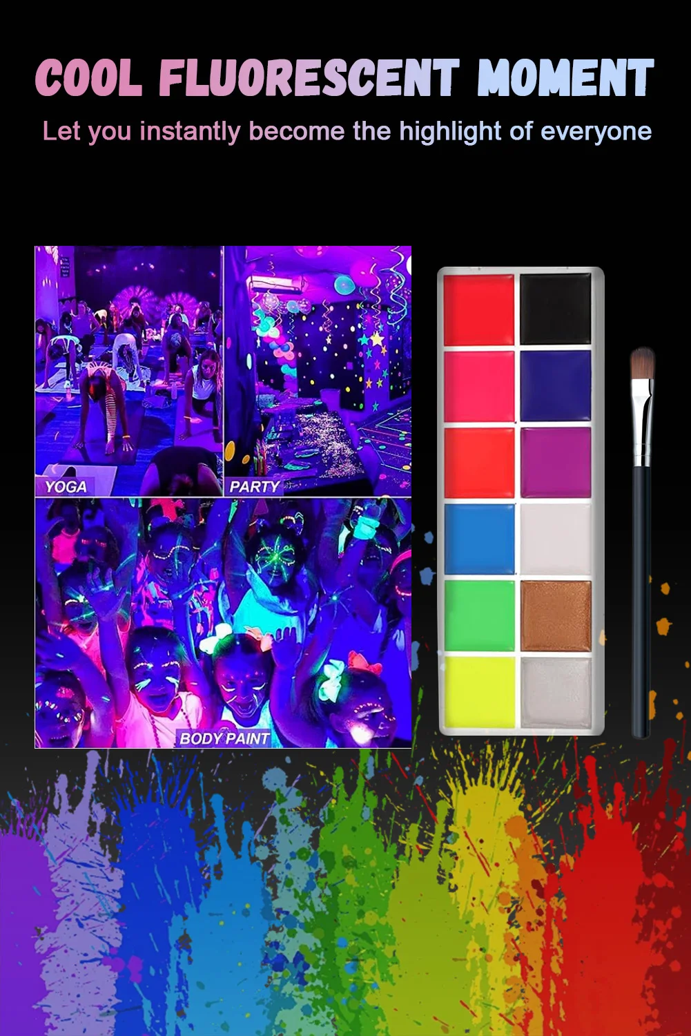 Description Picture 3 of item12-Color UV Glow Face and Body Paint Makeup Palette Set - Vibrant, Waterproof, Long-Lasting Halloween, Cosplay and Costume Makeu