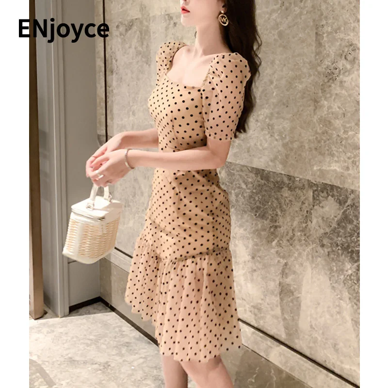 

Summer Vintage Polka Dot Bubble Sleeve Mini Dress Ladies Elegant Mesh Slim Fit A-line Party Prom Fishtail Dresses