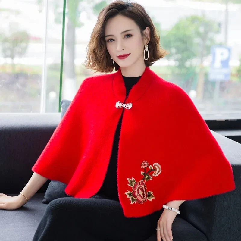 

Women Imitation Mink Velvet Short Coat Autumn High End Embroidered Shawl Cardigan Elegant With Cheongsam Cloak Knitted Jacket