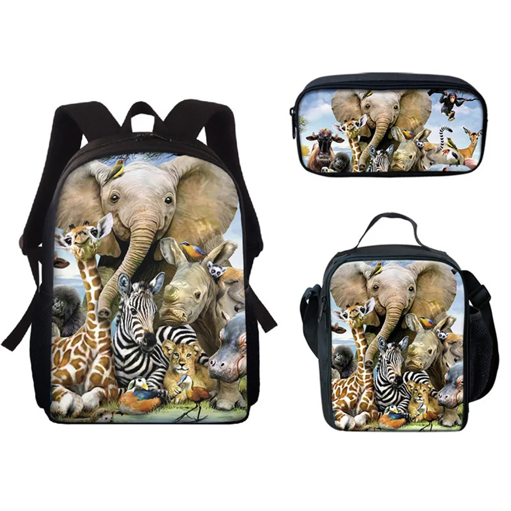 Harajuku Novelty Elephant Animals 3pcs/Set Backpack 3D Print School Student Bookbag Anime Laptop Daypack Lunch Bag Pencil Case