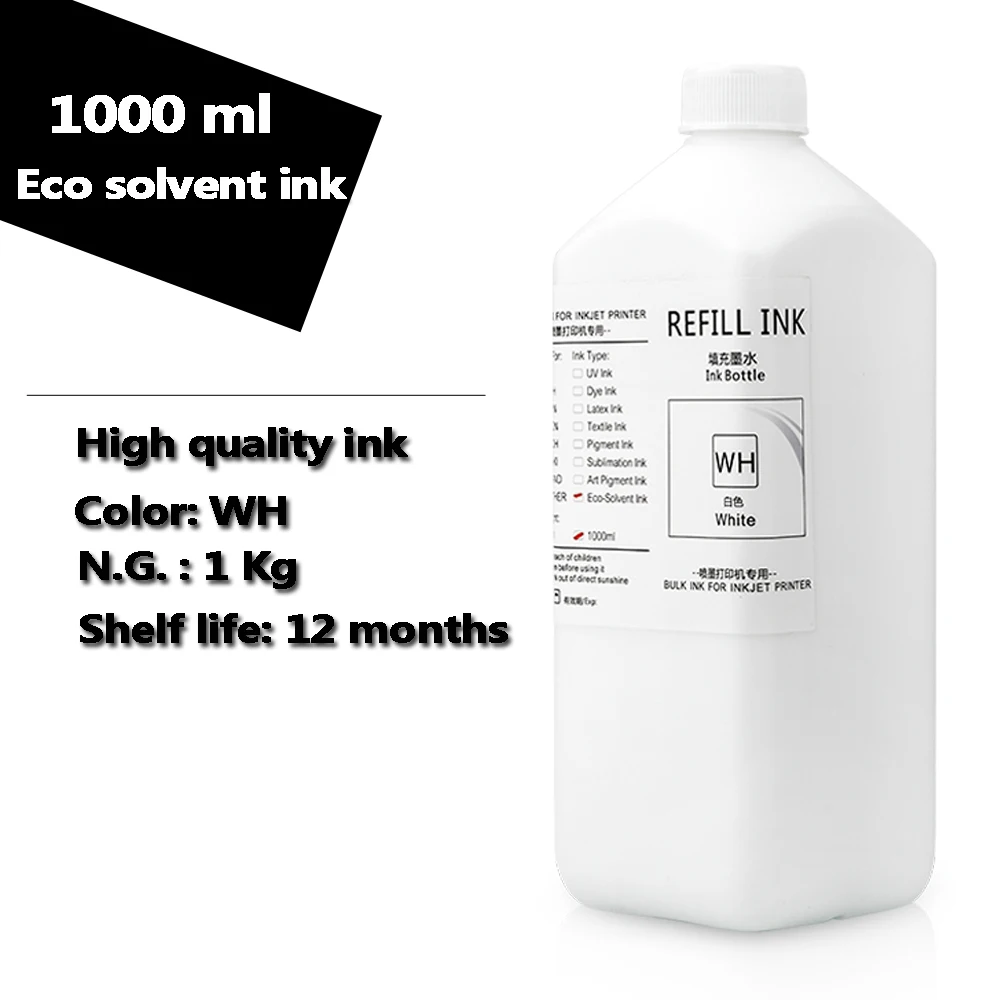 Tinta Solvente Eco Tinta Branca para Epsonrolandmimaki Fordx5 Dx6 Dx7 Dx10 Tx800 Xp600 5113 4720 I3200 Tinta à Base de Óleo 1000ml