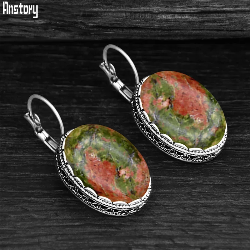 Vintage Quartz Jades Amethysts Earrings For Women Stone Lapis Lazuli Unakite Moonstone