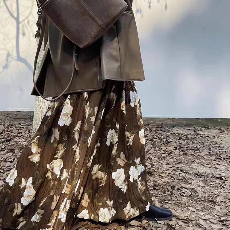 Autumn Maternity Long Floral Skirt High Waist Fashion Printing Pregnant Woman Chiffon A-line Belly Skirt Pregnancy Pleated