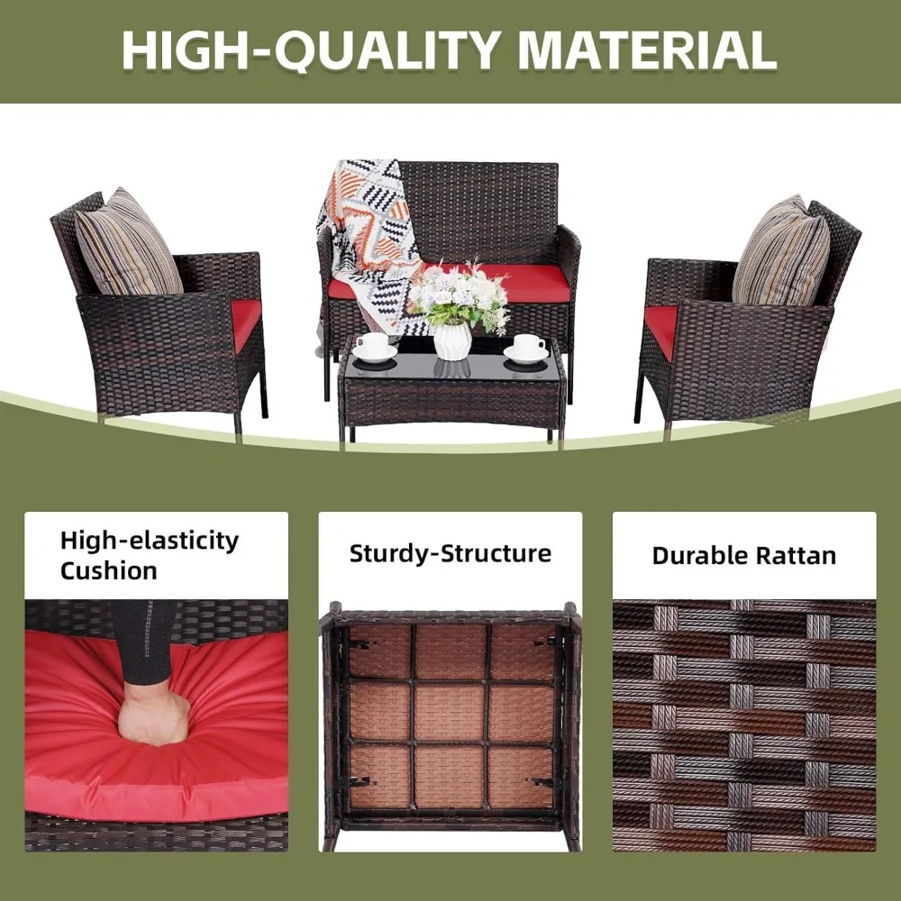 Set 4 Pieces Conversation Sets Wicker Rattan Chairs Garden Backyard Balcony Porch Loveseat and Tempered Glass Table(Brown/Red) images - 6