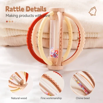 Baby Rattle Toy Wooden Rain Drum With Silicone Baby Sensory Touch Toy Newborn Dental Care Gum Anti-eating Hand ​Molar Stick Gif 4