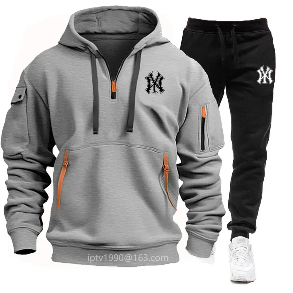 Tracksuit Mens Sets Hoodie + Pants Two-piece Multi-pocket Zipper High Quality Autumn Winter Sportswear Fashion Suit Men Clothing 2