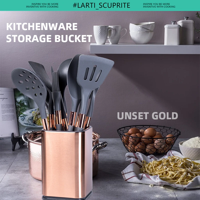 Stainless Steel Cooking Utensil Storage Bucket Kitchen Accessories Knife Spoon Spatula Drain Container Rose Gold Drying Canister kitchen utensils set