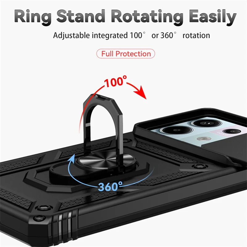 Shockproof Armor Protective Case with Slide Lens Protector and Magnetic Ring Holder