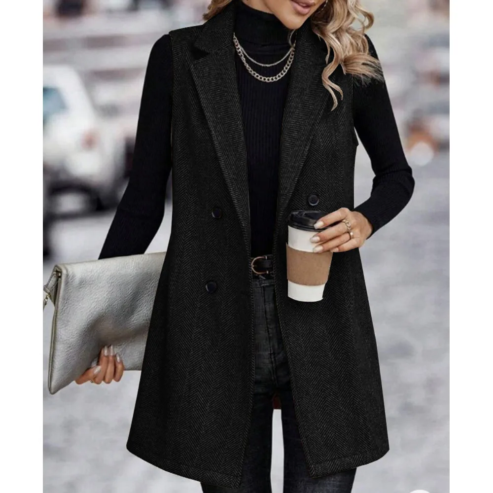 Women's Herringbone Vest Modern Style Autumn and Winter Matching Women's Sleeveless Jacket Double Breasted Lapel Coat Clothes women herringbone vest