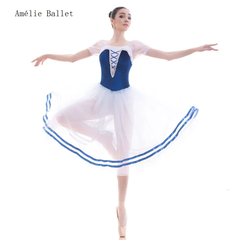 

18700 Royal Blue Velvet Stretch Bodice with Puff Sleeves Long Romantic Ballet Tutu for Girls & Women Ballerina Dance Dress