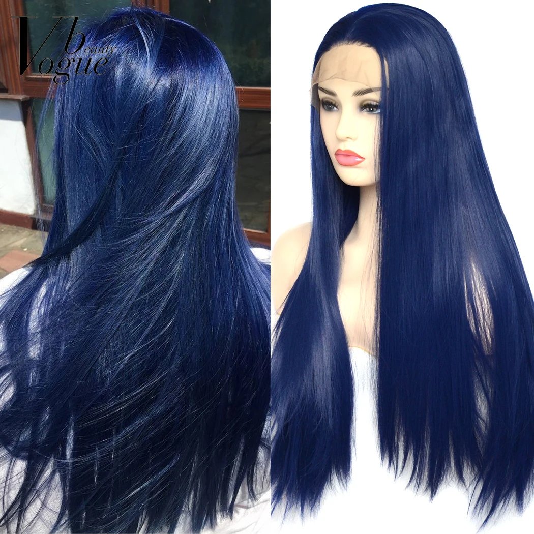 Dark Blue Lace Front Wigs Straight Trendy Heat Resistant Synthetic Hair Half Hand Tied Wigs for Women Cosplay Daily Wear