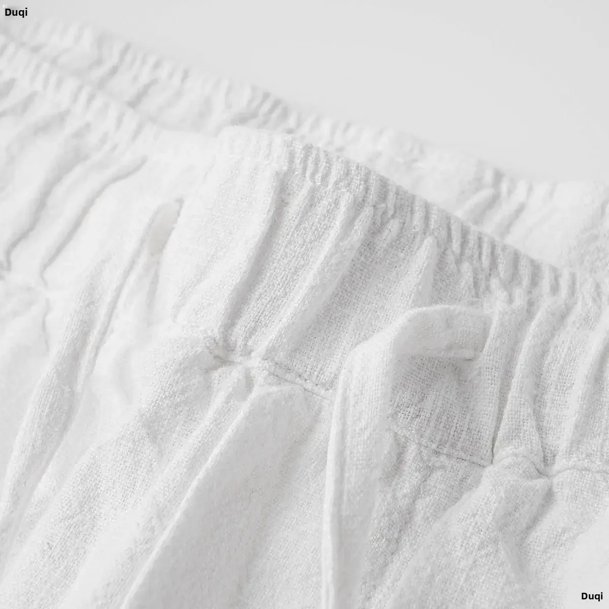 2024 Summer New Linen Cotton Breathable Loose-fit Casual Japanese Simple Solid Color Drawstring Straight-leg White Trousers 3