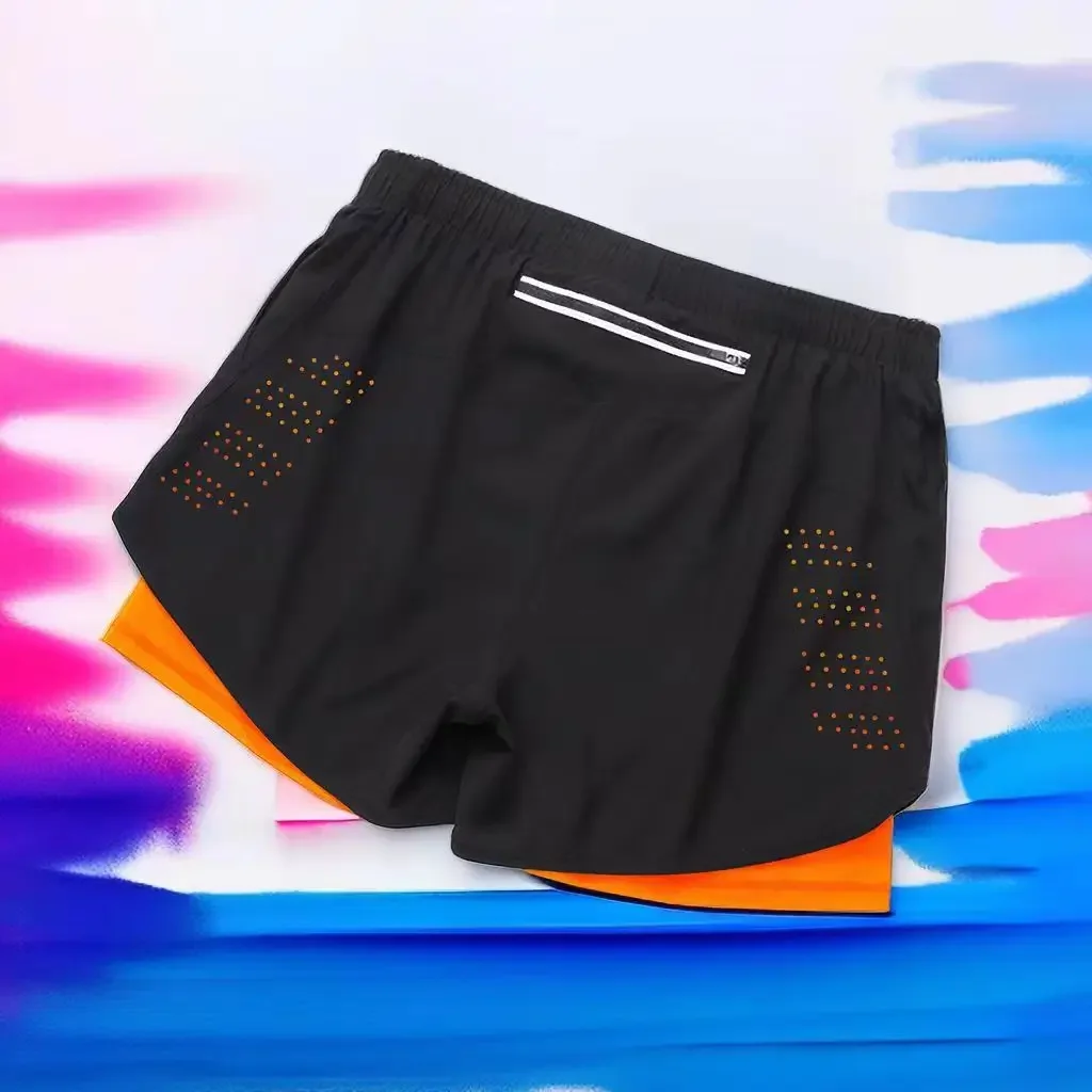 Men's Running Shorts Quick Dry Breathable Inner Lining Fake Two Layers Fitness Gym Three Quarter Length Pants Sportswear