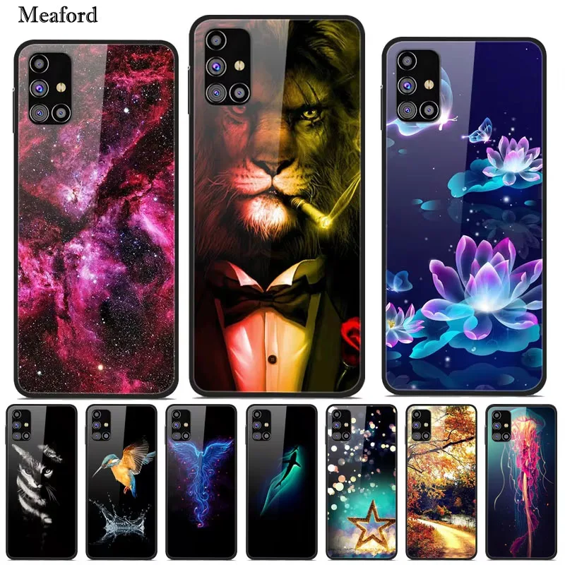 For Samsung M31s Case 2020 Bumper Lion Pattern Hard Tempered Glass Case 