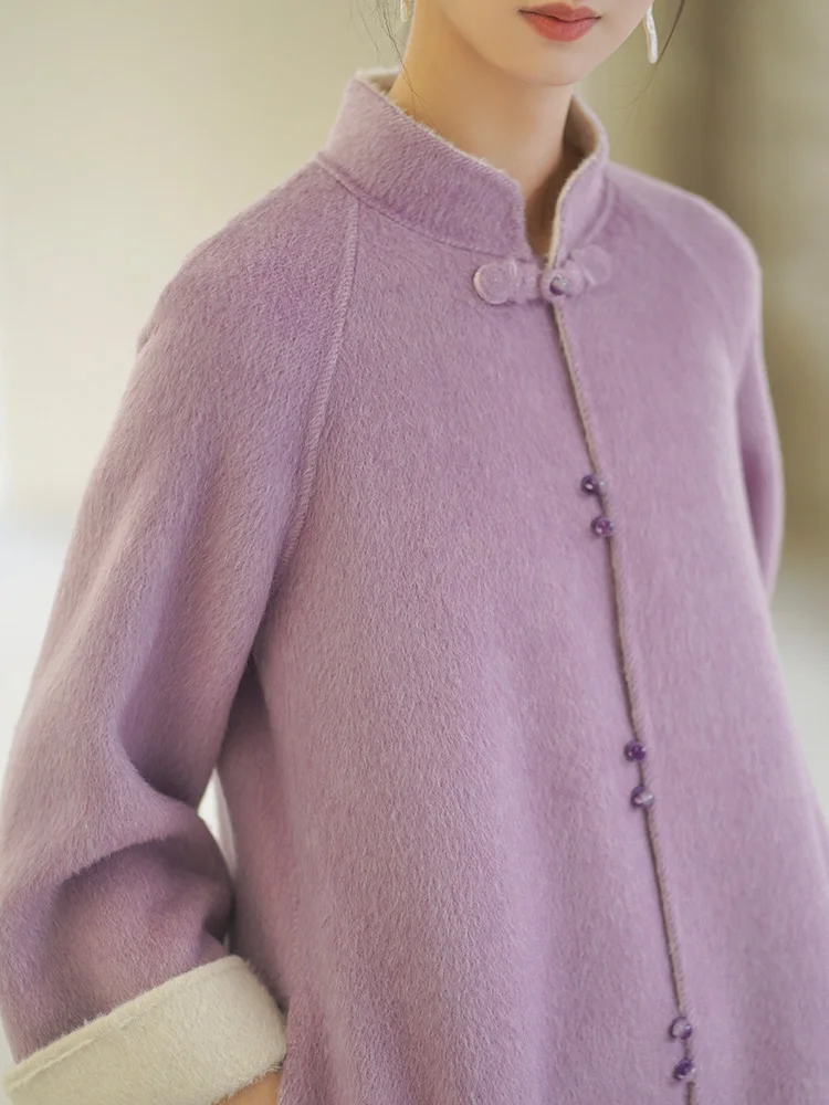 Double-Faced Woolen Goods Wool Long Coat Female Autumn and Winter Silk Blend New Chinese Style Woolen Coat