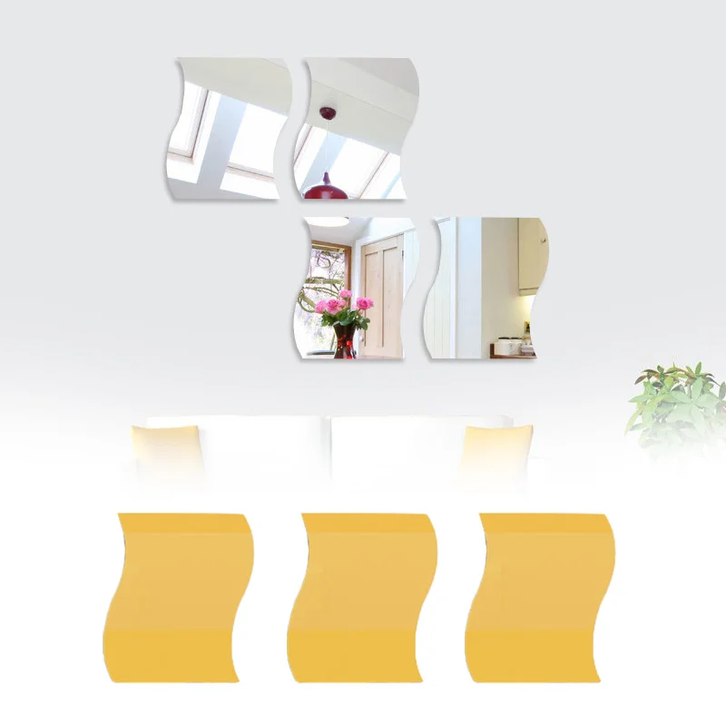 6pcs Acrylic Splicing Mirror Wall Sticker Gold Silver Wave Glass Stickers Self-adhesive Removable Art Decals Backdrop Decoration