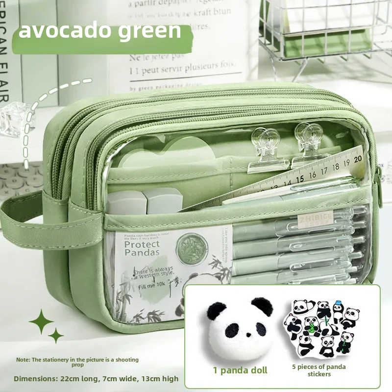 thumbnail image 1 of Estuche para lápices verde panda transparente para mujer, gran capacidad, nuevo estilo, caja de útiles escolares de 5 capas, alto valor estético, 1 of 5