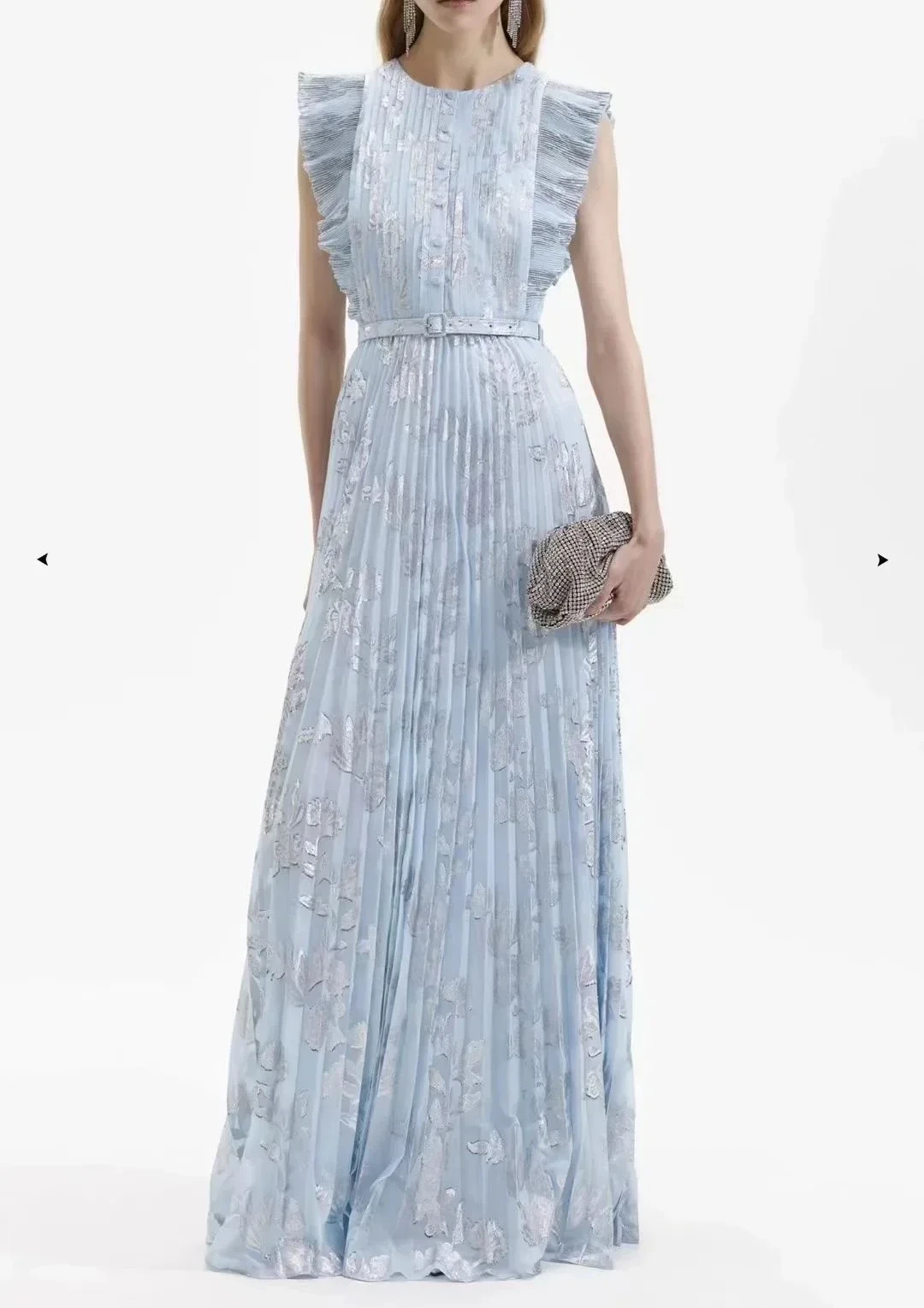 

Blue Maxi Dress Flouncing Ruffle Sleeveless Ruched Pleasts Belted Women Elegant 2024 Top Quality Spring Summer