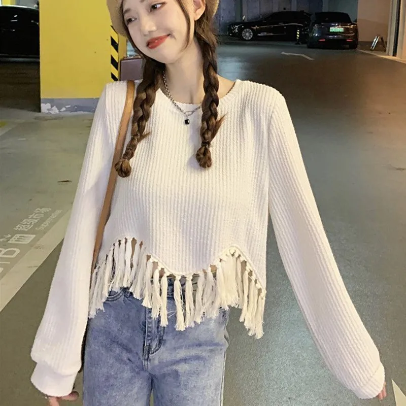 

2023 beautiful fringe long sleeve sweater early spring and autumn top women's new design sense of short shirt
