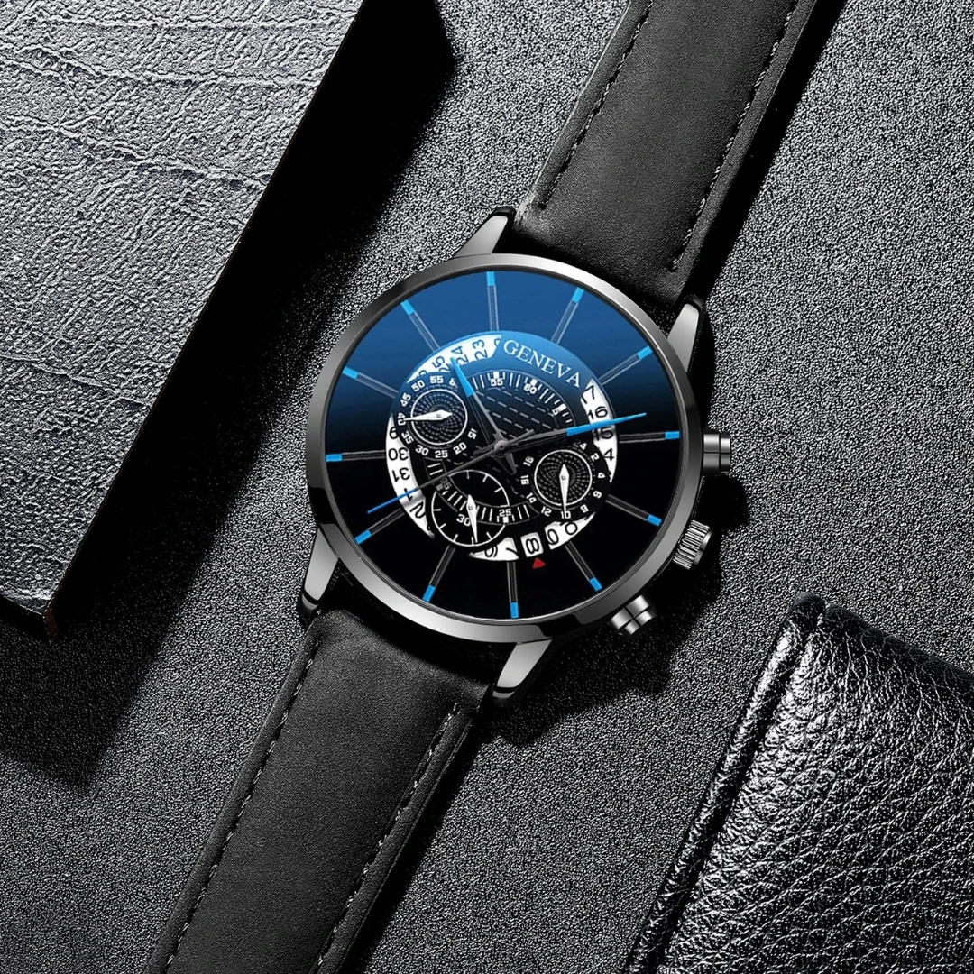 4PCs/Set Men's Leather Strap Calendar Quartz Watch