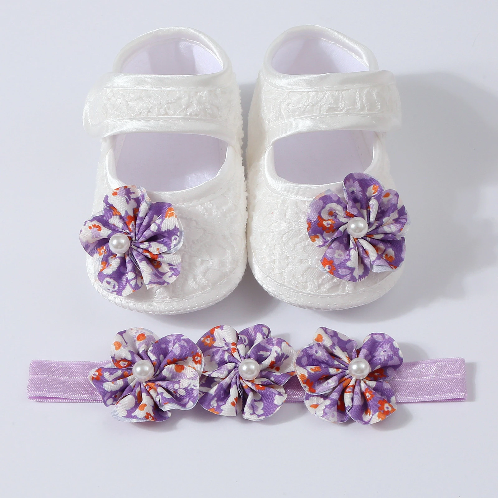 Newborn Baby Girl Flats Crib Shoes Cute Bead Flower Closed Toe Soft Sole Princess Shoes with Headband for Spring Fall