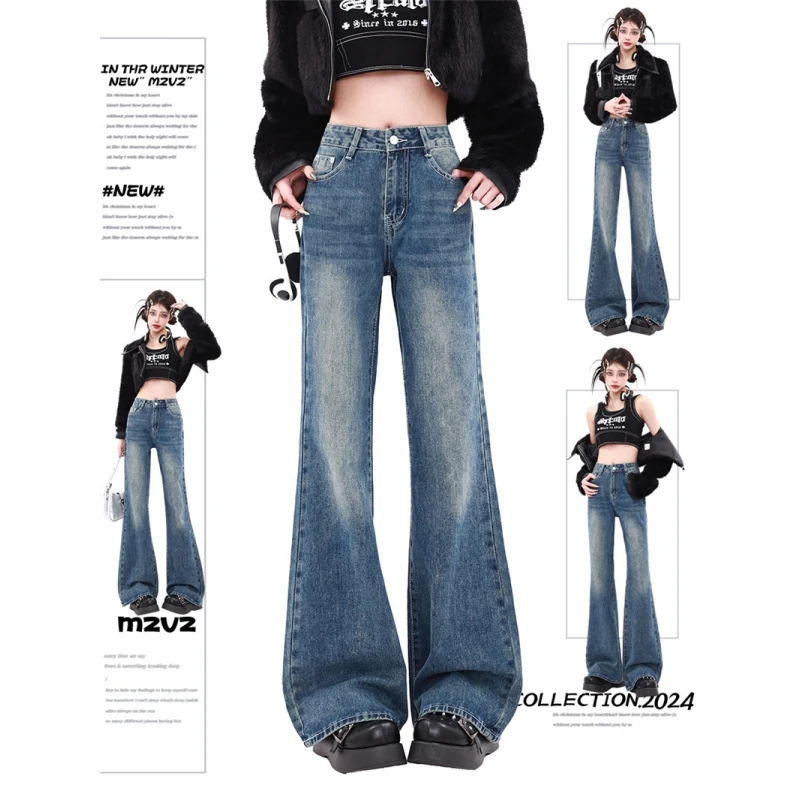 

Y2K Style Gradient Blue Womens Jeans High Waist Straight Baggy Denim Pants Europe America Fashion Female Wide Leg Denim Trouser